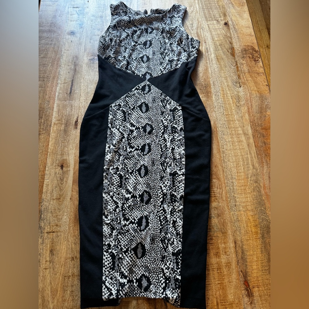 ASOS Snake Print Midi bodycon Dress side slimming black panels EUC